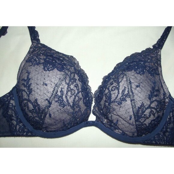 Victoria's Secret 34C Blue Lace Rhinestone Push Up Lace Bra padded crisscross - Picture 4 of 10